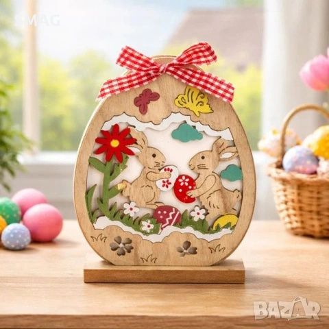 Великденско настолно дървено яйце, в естествен цвят, със зайчета & карирана панделка_1219957