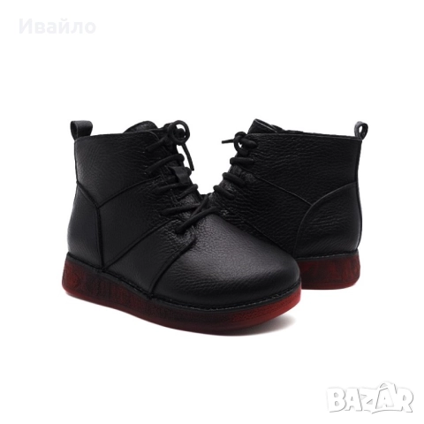 Дамски черни боти от естествена кожа с връзки и цип, снимка 3 - Дамски боти - 52190212