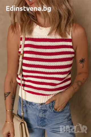 Дамски плетен топ на райе в червено и бяло, снимка 1