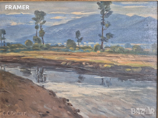 Станьо Стаматов 1886-1963 Пред Балкана Пейзаж от Казанлъшко от 1930 те години. , снимка 3 - Картини - 52444865