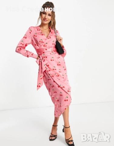 Розова елегантна дълга рокля тип халат прегърни ме принт черешки череши универсален размер 