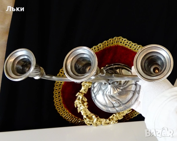 Троен свещник,свещник тройка от калай,Art Nouveau. , снимка 5 - Антикварни и старинни предмети - 52504488