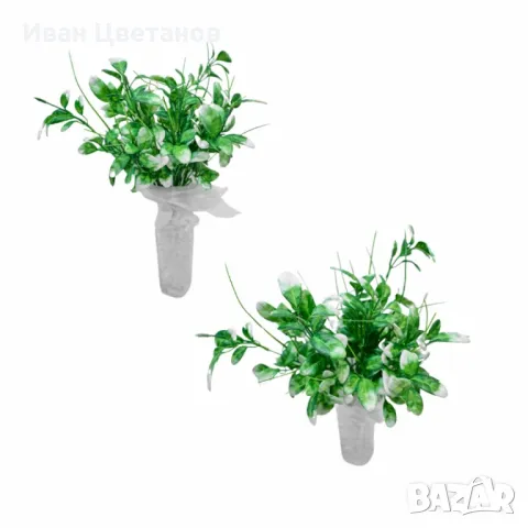  Изкуствена аранжировка от зелени клонки с бели акценти – Стилна нотка свежест за интериора