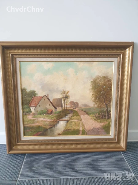 Krotter 77х67см/стара австрийска картина масло върху платно/пейзаж/къщи-река/дървена рамка, снимка 1