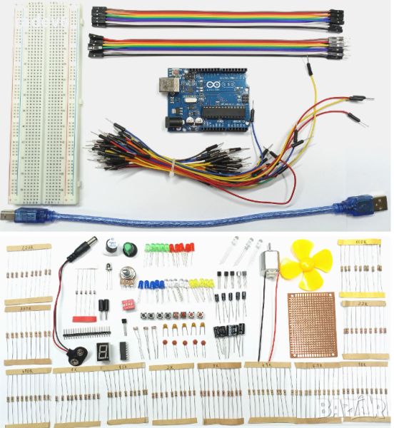 Комплект електронни компоненти с микроконтролерна платка UNO R3, ATMega328P-PU, Arduino, Ардуино KIT, снимка 1