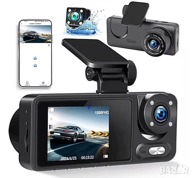 Видеорегистратор, WIFI, за автомобил, с телефон, приложение, DVR за кола, с три камери, G-сензор, снимка 1