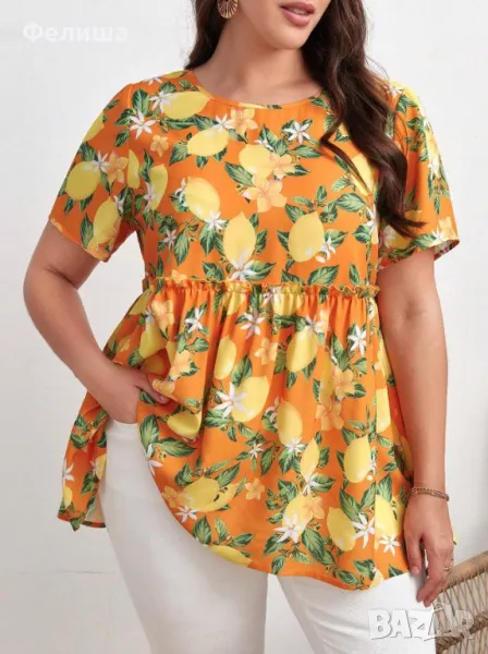 Прекрасна Широко Скроена Блуза / Туника с Жълти Лимони / Италия, снимка 1