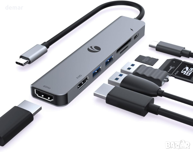 VCOM 7-в-1 USB C хъб, два монитора с 4K HDMI, 1080P HDMI, 2*USB 3.0 данни, PD 100W, SD/TF, снимка 1