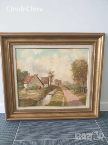 Krotter 77х67см/стара австрийска картина масло върху платно/пейзаж/къщи-река/дървена рамка