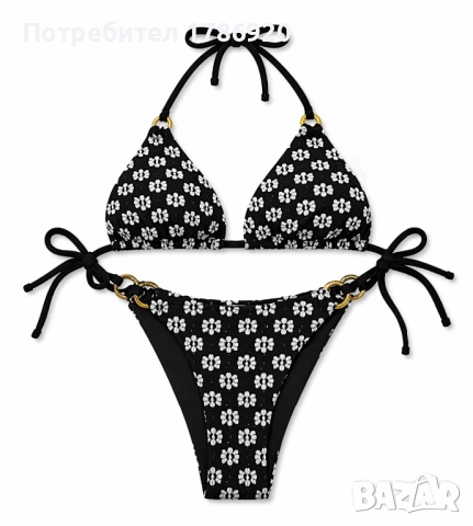 Елегантен бански в черно с бежов флорален мотив и златисти акценти