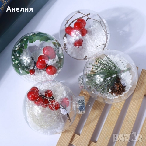 Комплект от 6 или 12 прозрачни топки за елха пълни с коледна декорация, снимка 3 - Други - 52113400
