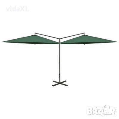 vidaXL Двоен чадър със стоманен прът, зелен, 600 см（SKU:312562, снимка 1 - Градински мебели, декорация  - 45265301