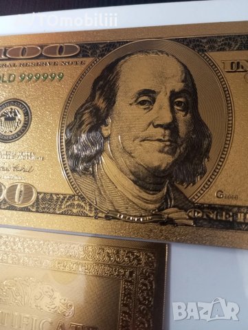 Позлатена с 24 карата злато релефна банкнота 100 долара със сертификат, снимка 4 - Нумизматика и бонистика - 51375911