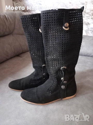 Дамски ботуши с перфорация – естествен велур, черни, № 38.5 - 39, снимка 3 - Дамски ботуши - 52114782
