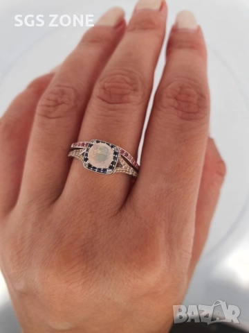 Двойни сребърни пръстени с опал и разпръснати сапфири, снимка 3 - Колиета, медальони, синджири - 52401233