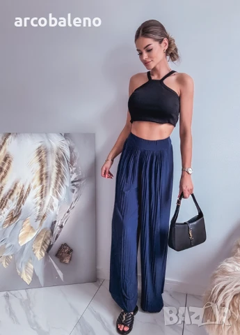 Тъмносини плисирани широки панталони, снимка 6 - Панталони - 51159321