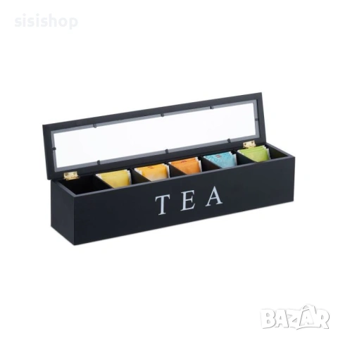 Модерна дървена кутия за съхранение на чай – 6 отделения, черен цвят 4662