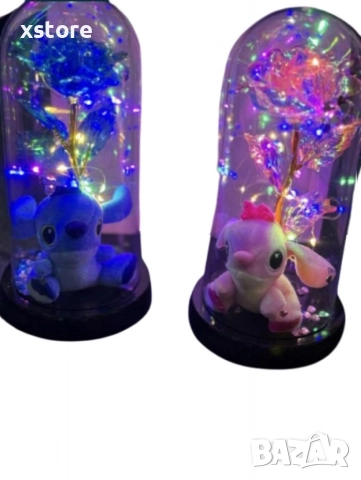 Пластмасова роза с кристален ефект в стъклен купол със Стич и LED светлини, снимка 6 - Други стоки за дома - 52793397