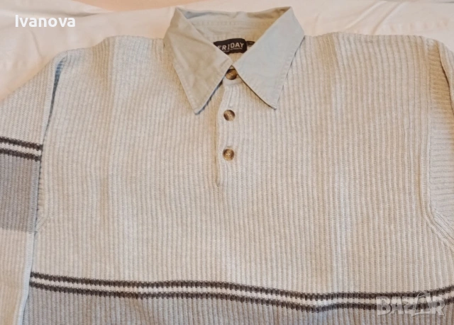 Мъжки памучен плътен пуловер с яка и три копчета, снимка 3 - Пуловери - 53264402