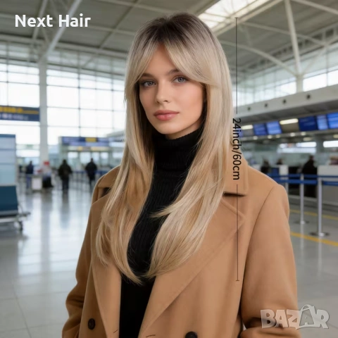 Руса перука с тъмни корени и бретон – 60 см, на пластове, синтетична, снимка 5 - Аксесоари за коса - 53948471