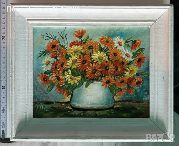 Маслена картина – Букет в бяла ваза, 31x26.5 см, снимка 2 - Картини - 51159820