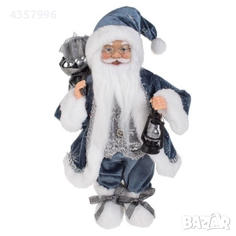 Коледна фигура Дядо Коледа със син костюм, с чувал и фенер, 31см