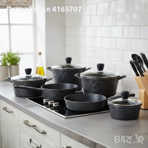 Премиум комплект съдове за готвене 12 части с мраморно покритие Cheffinger– Тенджери, тигани и касер, снимка 4 - Съдове за готвене - 53155661