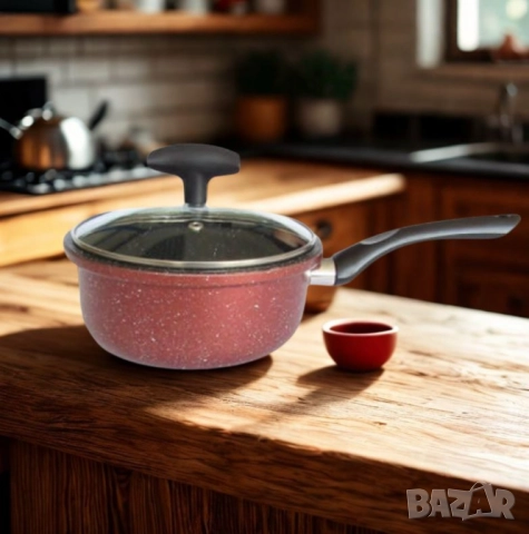 Касерола с капак Rosberg, 16 см, 1.6 л, Мраморно незалепващо покритие, Индукция, Бордо меланж