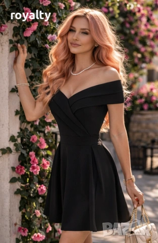 Дамска мини вечерна рокля с открити рамене цвят черен