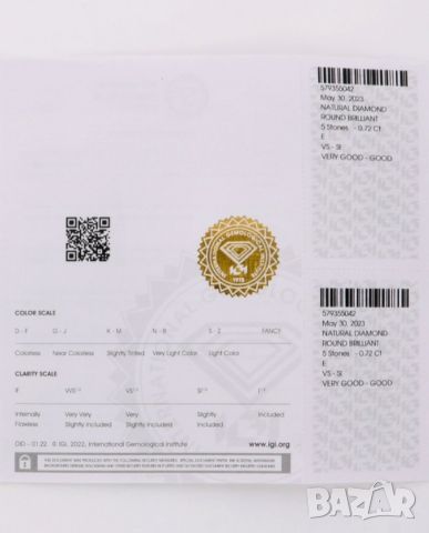 Диаманти 0,72 ct. ,цвят "Е" ,IGI сертификат, снимка 6 - Други - 45695103