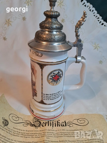 колекционерска немска порцеланова халба с калаен похлупак 33/1, снимка 2 - Колекции - 53382676