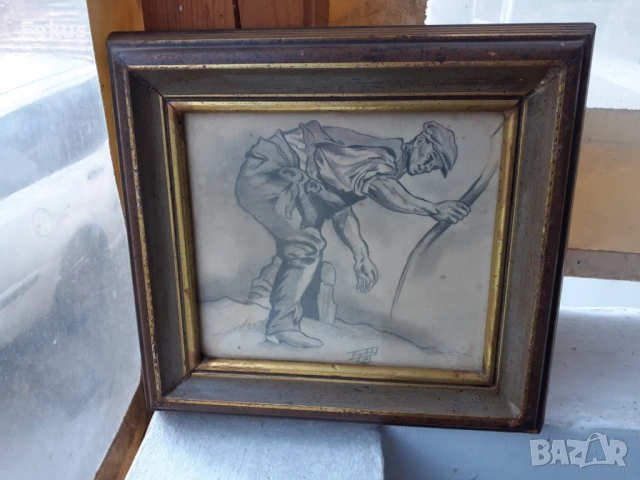 Стара картина рисунка подпис хубава дървена рамка, снимка 2 - Антикварни и старинни предмети - 53431456
