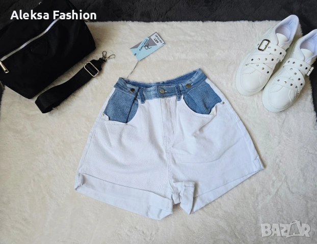 Дамски къси дънкови панталонки със син деним в горбата част , снимка 5 - Къси панталони и бермуди - 49579980