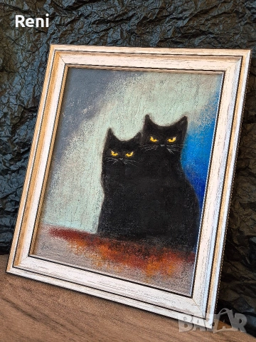 Семеен портрет, черни котки, картина въглен, снимка 2 - Картини - 53336545