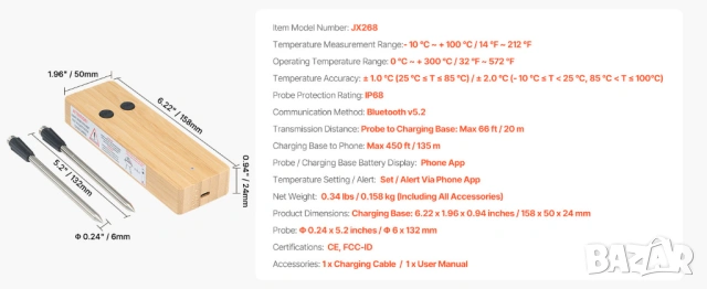 Bluetooth двоен термометър за BBQ - JX268, снимка 4 - Други - 53292626