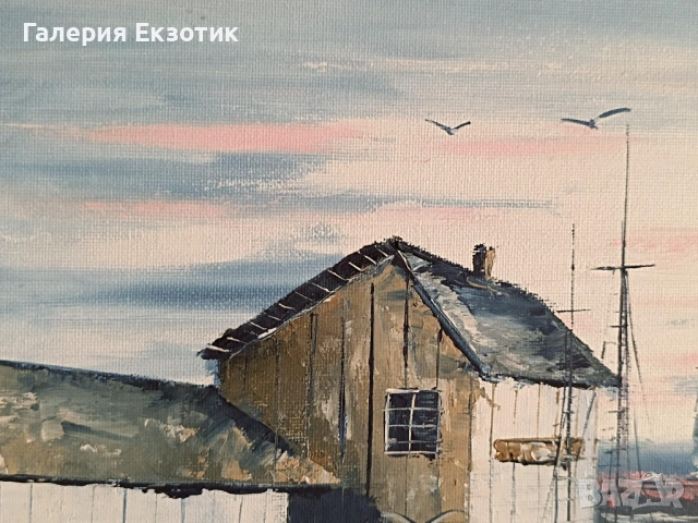 Маслена картина "Лодка на кея" с авторско стихче, снимка 3 - Картини - 54152527