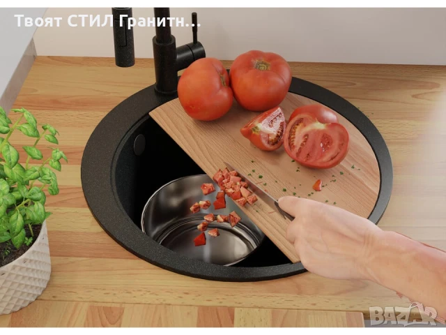 Графит кръгла кухненска гранитна мивка Пиза 50 Top 530 x 530 мм, снимка 4 - Мивки - 51286304