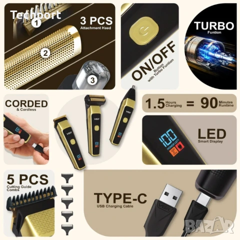 VGR Limited Edition – Професионален 3 в 1 комплект за поддръжка (Златен), снимка 2 - Машинки за подстригване - 53589132