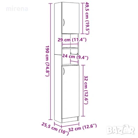 Шкаф за баня, черно, 32x25,5x190 см, инженерно дърво, снимка 7 - Шкафове - 53192178