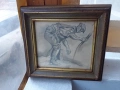 Стара картина рисунка подпис хубава дървена рамка, снимка 2