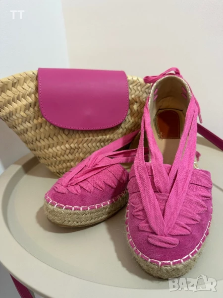 Чанта от ратан с розов капак комплект с еспадрили , снимка 1