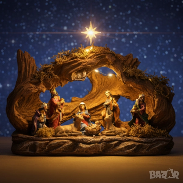 Коледна сцена „Рождество Христово“ – готов комплект с ясли, фигурки и естествен дизайн, 35x13x23 см., снимка 1