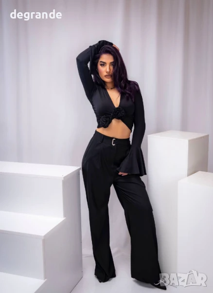 Черен дамски панталон с висока талия, снимка 1