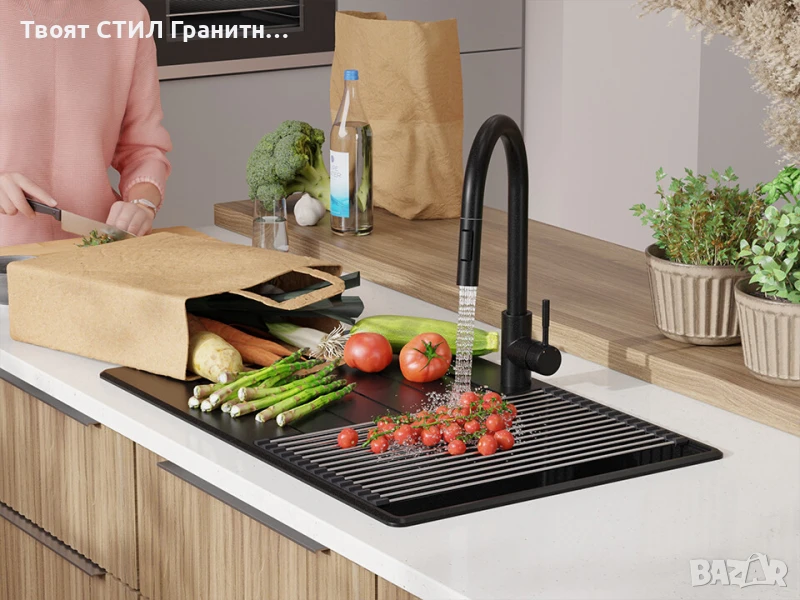 Черна кухненска гранитна мивка Копенхаген 780х500 Top 45, снимка 1