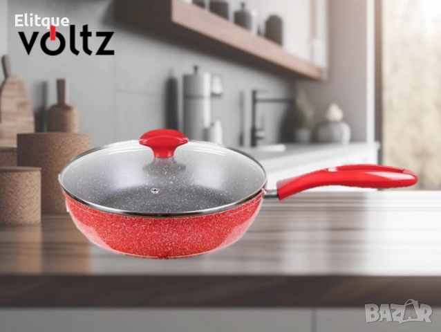 Тиган Voltz, 24см./26см., Дълбок с капак,  Мраморно покритие, Индукция, Червен
