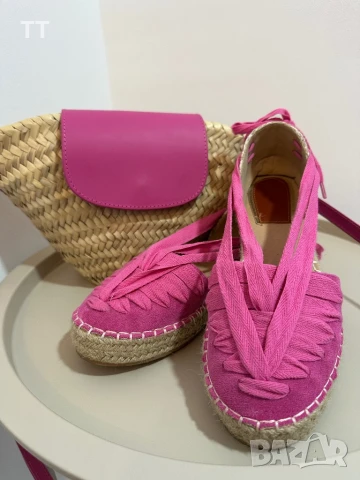 Чанта от ратан с розов капак комплект с еспадрили , снимка 1