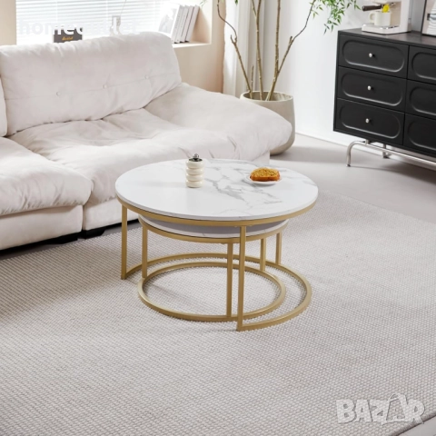 Холни маси с MDF плот имитиращ мрамор и златиста основа (к-кт от 2 бр.) AZKOEESY W43216167, снимка 2 - Маси - 52638064