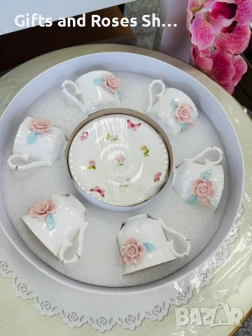Сервиз за кафе, порцелан с 3 D розички - 6 чаши 100 мл с чинийки, снимка 2 - Сервизи - 53194267