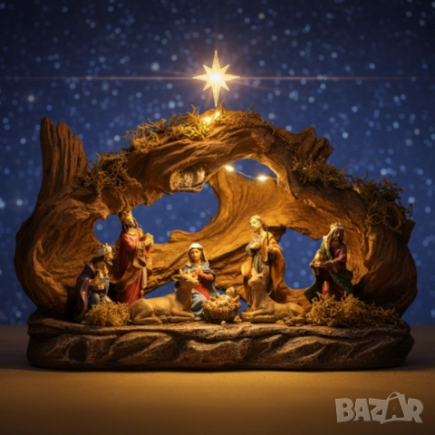 Коледна сцена „Рождество Христово“ – готов комплект с ясли, фигурки и естествен дизайн, 35x13x23 см.