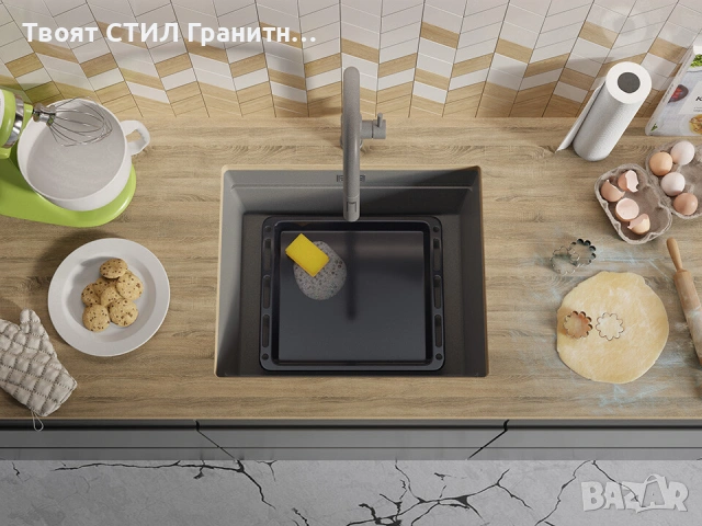 Сив кухненска мивка за вграждане под плот Прага 60 Level 560 x 470 мм, снимка 2 - Мивки - 53986220